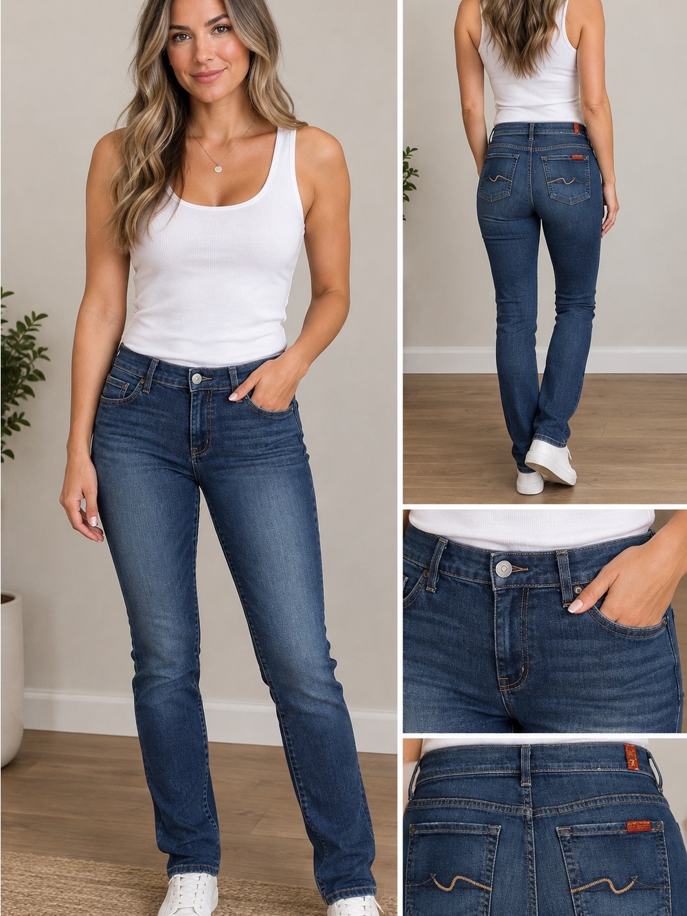 7 For All Mankind Women's Mid-Rise Straight Leg Jeans — Dark Blue Wash